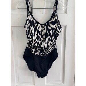 MIRACLESUIT Womens Size‎ 12 Slimming One-Piece Swimsuit Black/White Print Beach